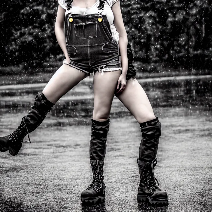 Prompt: fully body pose, photo of a very beautiful!! skull woman, overalls, short shorts, fishnets, combat boots, wet t shirt, raining, 8 k, hdr, smooth, sharp focus, high resolution, award - winning photo, trending on artstation, dslr, 5 0 mm