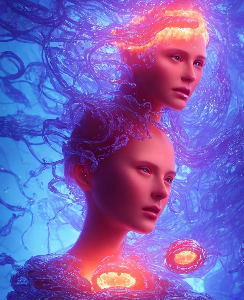 Image similar to close-up portrait of a face of beautiful princess floating in ethereum surrounded by floating jellyfish, energy flows of fire and water, flashes of plasma, 3d with depth of field, blurred background, a highly detailed epic cinematic concept art CG render. made in Maya, Blender and Photoshop, octane render, excellent composition, cinematic dystopian brutalist atmosphere, dynamic dramatic cinematic lighting, aesthetic, very inspirational, arthouse. y Greg Rutkowski, Ilya Kuvshinov, WLOP, Stanley Artgerm Lau, Ruan Jia and Fenghua Zhong