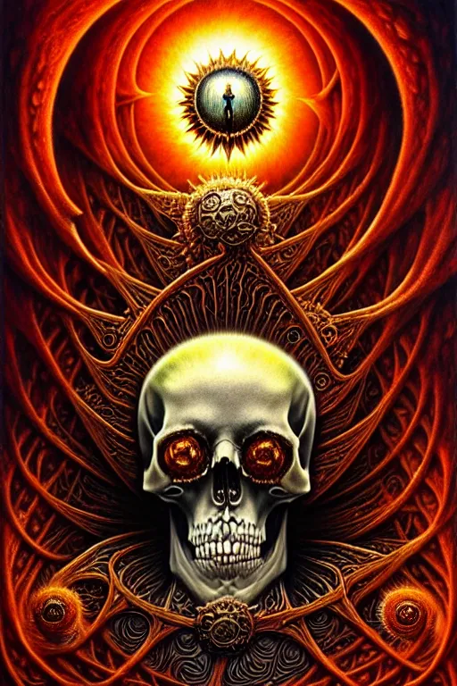 Image similar to A beautiful detailed death sun godness, tarot card, by tomasz alen kopera and Justin Gerard, symmetrical features, ominous, magical realism, texture, intricate, ornate, royally decorated, skull, skeleton, whirling smoke, embers, red adornements, red torn fabric, radiant colors, fantasy, trending on artstation, volumetric lighting, micro details, 3d sculpture, ray tracing, 8k, anaglyph effect