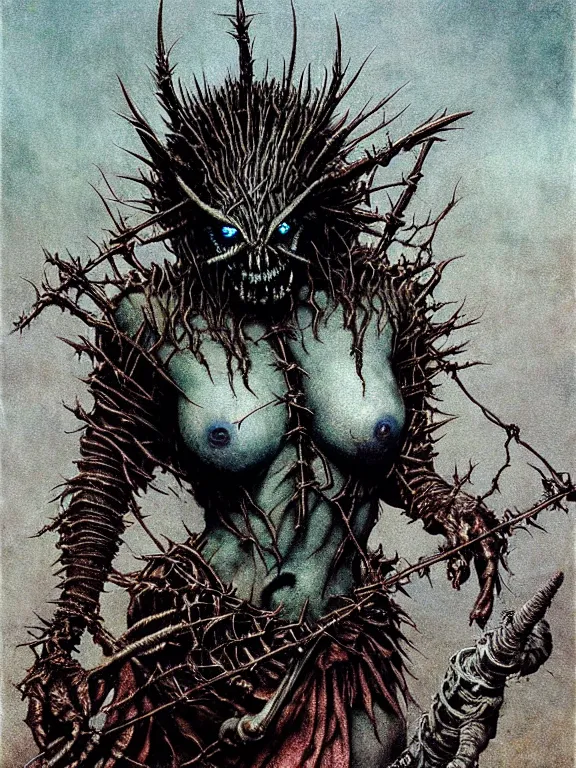 Prompt: A creepy armored horned fanged demon woman with blue scarred skin wrapped in barbed wire. Extremely high detail, realistic, fantasy art, solo, bones, masterpiece, saturated colors, art by Zdzisław Beksiński, Arthur Rackham, Dariusz Zawadzki