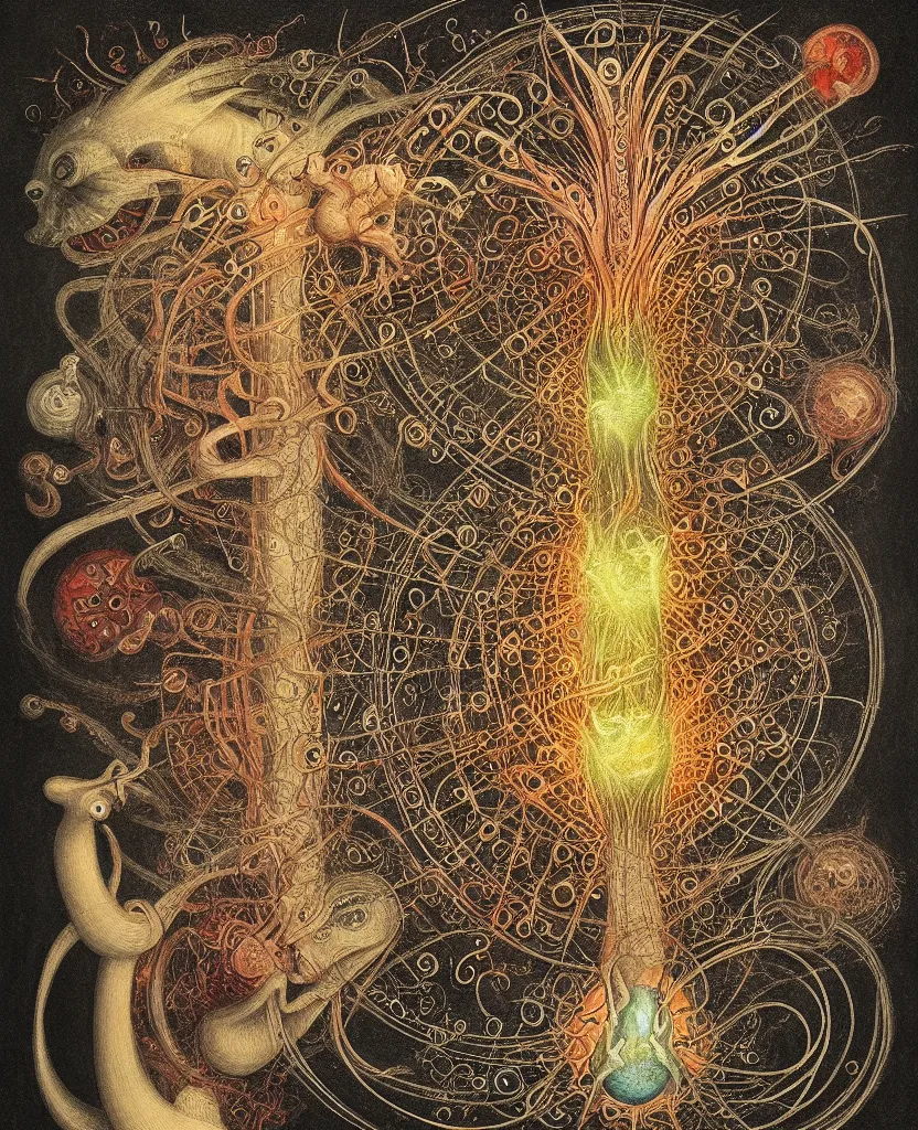 Image similar to whimsical freaky creature sings a unique canto about'as above so below'being ignited by the spirit of haeckel and robert fludd, breakthrough is iminent, glory be to the magic within, painted by ronny khalil