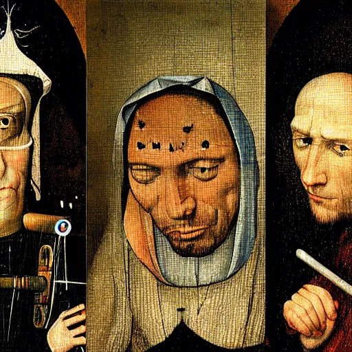 Image similar to three electronic musicians painted in the style of Hieronymus Bosch