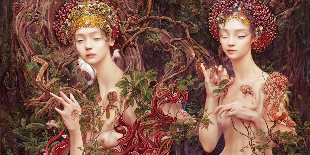 Image similar to breathtaking detailed concept art painting of the goddess of rafflesia arnoldii flowers, orthodox saint, with anxious, piercing eyes, ornate background, amalgamation of leaves and flowers, by Hsiao-Ron Cheng, James jean, Miho Hirano, Hayao Miyazaki, extremely moody lighting, 8K