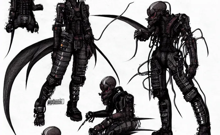 Prompt: character design of futur dragon hunter, by katsuhiro otomo, neo goth, goth, cyberpunk, drawing, concept sheet, game characters