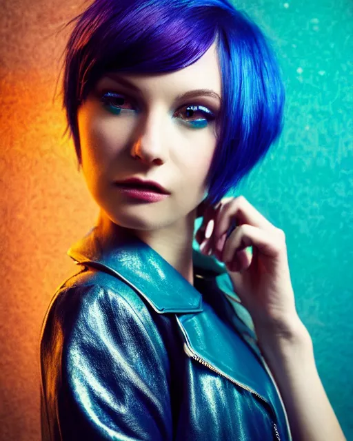 Prompt: Beautiful young woman with glowing teal hair, bob haircut, bangs, Spiked blue leather jacket, cyberpunk city background, in the style of Anna Dittman, fashion photography