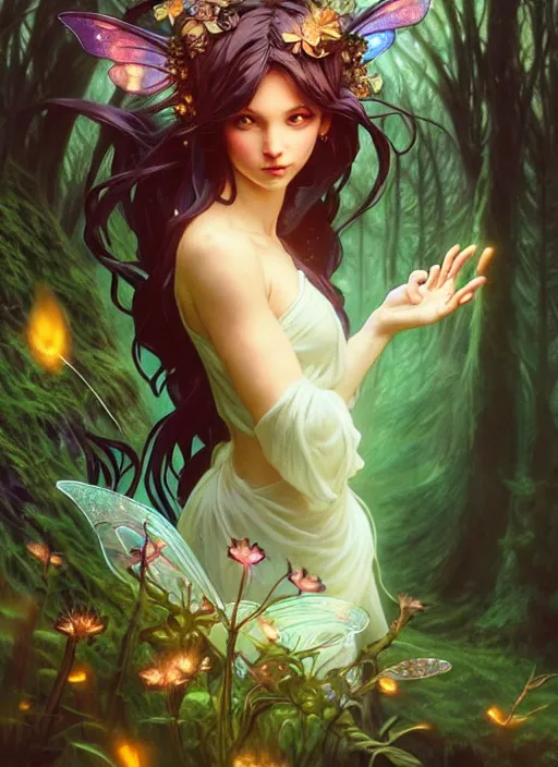 Image similar to full body picture of a fairy in the magical forest, looking at the camera curiously, glowing hair, dramatic pose, beautiful and aesthetic, intricate, highly detailed, detailed face, smooth, sharp focus, chiaroscuro, artgerm, greg rutkowski, ilya kuvshinov, rossdraws, alphonse mucha, fantasy light novel cover art