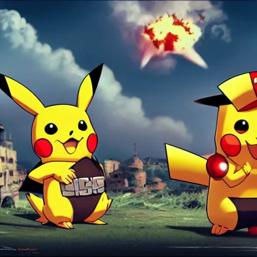 Prompt: ! pikachu! fighting stalin in ww 2 uniform and a mustache, fighting in world war 2, photorealistic, high detail, realistic, sharp focus, smooth edges, soldiers in the background, dramatic, sky on fire with dogfights in the sky. wide angle