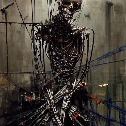 Prompt: a skeletal cyberpunk assassin wires cybernetic implants, abandoned steelworks, grime and grunge, in the style of adrian ghenie, esao andrews, jenny saville,, surrealism, dark art by james jean, takato yamamoto