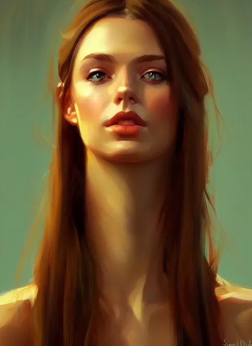 Prompt: portrait of a gorgeous young woman in the style of stefan kostic, green eyes, long brown hair, artstation, concept art