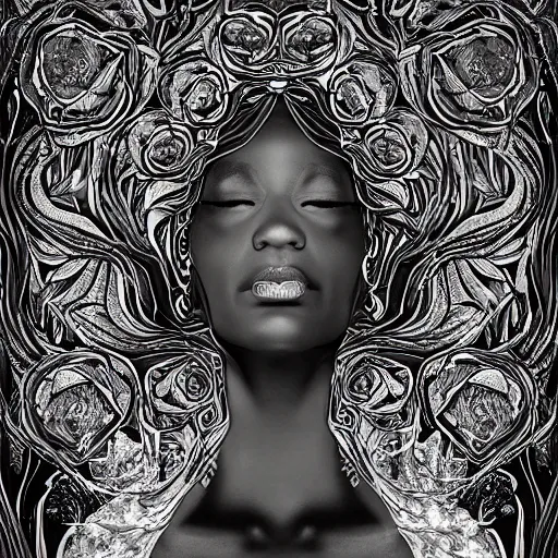 Image similar to portrait of an enchanted being, half human half divine african american goddess of chill, ultra detailed, ornate, organic, haute couture black roses and seaweed, under water, full body, upper light, symmetrical face, hyperrealistic