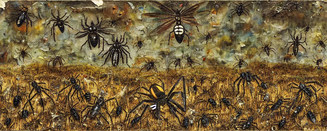 Image similar to strange giant insects, beetles, spiders and flies, swarming in a cornfield, oil painting by max ernst and anselm kiefer, decay, mixed media, textured, sharp focus, highly detailed, photographic emulsion cracked and peeling, rust, cinematic lighting, 8 k, hd