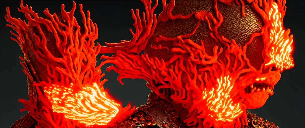 Image similar to hyperrealist highly detailed english medieval portrait of high fashion monster wearing flame fire smoke flame armor, radiating atomic neon corals, veiny network growth with fungal pattern, concept art pascal blanche dramatic studio lighting 8k wide angle shallow depth of field