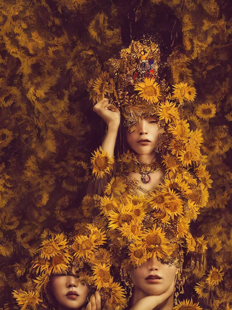 Image similar to a fancy portrait of the goddess of sunflowers, a beautiful mongolian female deity by Greg Rutkowski, Sung Choi, Mitchell Mohrhauser, Maciej Kuciara, Johnson Ting, Maxim Verehin, Peter Konig, Bloodborne, macro lens, 35mm, 8k photorealistic, cinematic lighting, HD, high details, atmospheric