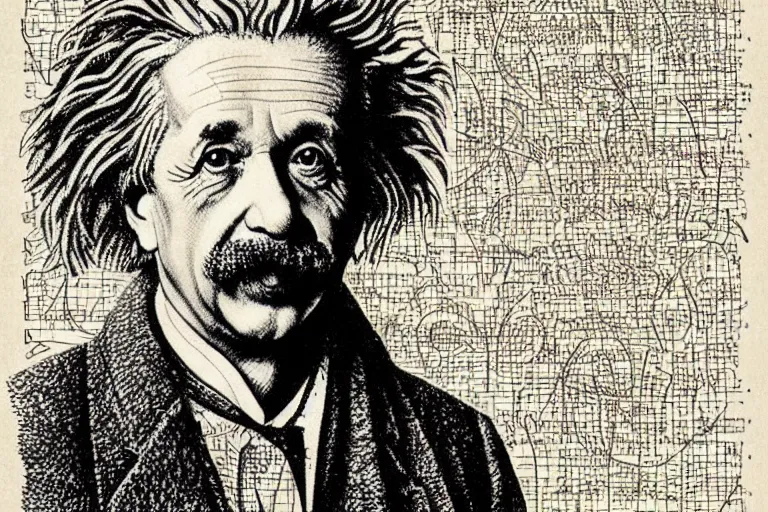 Prompt: an engraved portrait of albert einstein surrounded by intricate equations of theory of relativity, detailed!!! copper - plate engraving in the style of a postage stamp, fine!!! lines, engraved by alfred sealey, bureau of engraving and printing