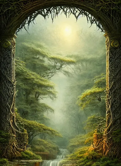 Image similar to book cover!!!!!!!!!!!!, old bridge, ivy vector elements at each border, fantasy forest landscape, fantasy magic, light night, intricate, elegant, sharp focus, illustration, highly detailed, digital painting, concept art, matte, art by wlop and artgerm and ivan shishkin and andrey shishkin, masterpiece