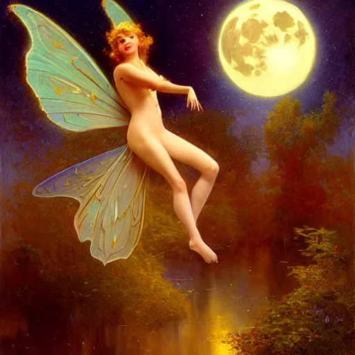 Image similar to attractive fairy magically floating high in the night, fantasy, full moon in background. highly detailed painting by gaston bussiere, craig mullins, j. c. leyendecker, sharp focus, 8 k