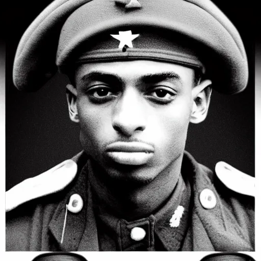 Image similar to playboi carti as a german world war ii soldier captured on a old camera 4 k detailed super realistic