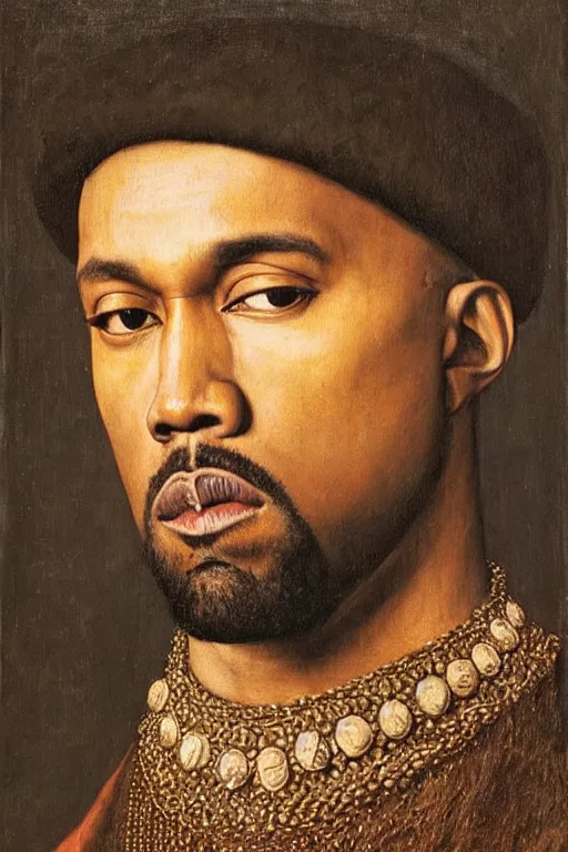 Image similar to renaissance 1 6 0 0 portrait of kanye west, oil painting by jan van eyck, northern renaissance art, oil on canvas, wet - on - wet technique, realistic, expressive emotions, intricate textures, illusionistic detail