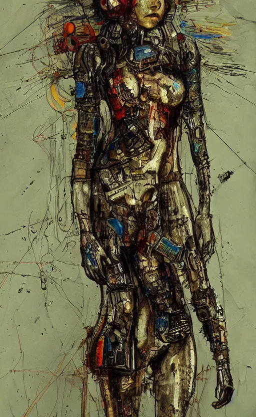 Image similar to woman wearing gown made of mech mask rendered in unreal engine, cyberpunk, rave, scifi, painted by albrecht durer | bernard buffet | carne griffiths | wlop