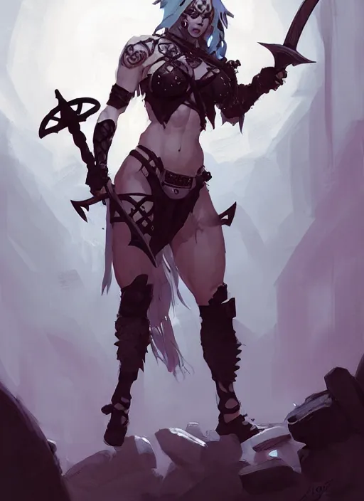 Prompt: portrait of cute goth muscular warrior girl cowered in celtic tattoos, dressed in armor bikini, holding a sword, dark fantasy, by atey ghailan, by greg rutkowski, by greg tocchini, by james gilleard, by joe gb fenton, by kaethe butcher, dynamic lighting, gradient light blue, brown, blonde cream and white color in scheme, grunge aesthetic