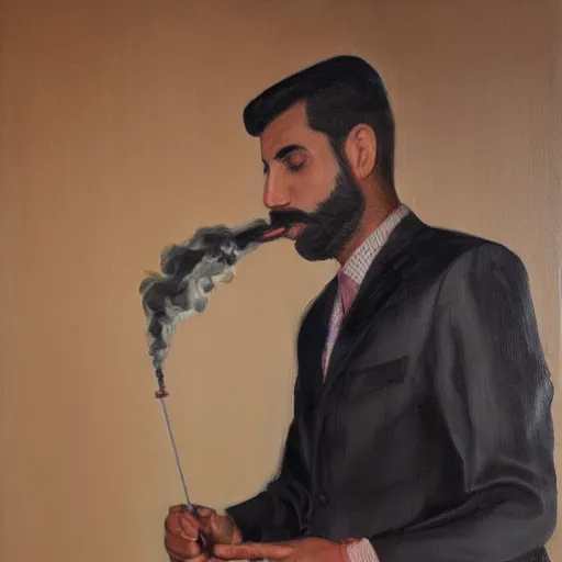 Prompt: a portrait painting of an arab man wearing a suit, smoking hookah, photorealistic, mid shot, medium photograph