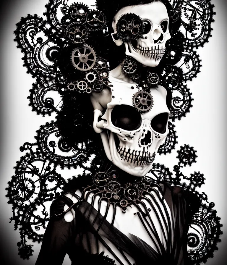 Image similar to surreal black and white photo portrait of complex bio-mechanical beautiful young female undead skeletal cyborg with a Mandelbrot fractal steampunk metal fine lace face, retrofuturistic depressing hopeless horrific vibe, radiating dark energy aura, curled silver hair and a fine metal floral foliage super big lace collar by Alexander McQueen:: high fashion, haute couture, rococo, steampunk, silver filigree details, anatomical, facial muscles, cable wires, microchip, elegant, hyper realistic, 150 mm lens, soft rim light, octane render, unreal engine, volumetric lighting, 8k,