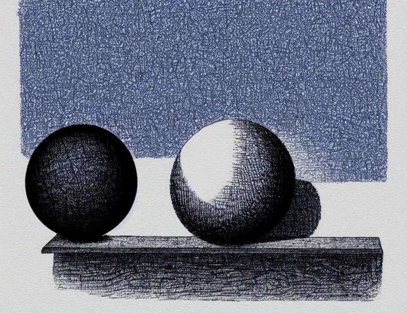 Prompt: still life of a cylinder, sphere, and cube on a table, stipple art, in shades of blue and white, minimalist, grainy, high - contrast, smoky, ink