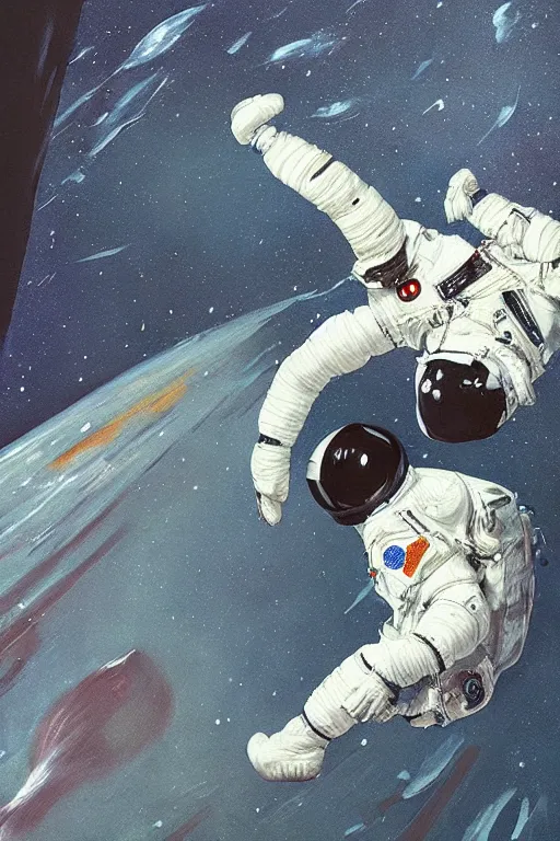 Image similar to a beautiful glitched painting by akiya kageichi of a cosmonaut in space suit falling into a dark abyss