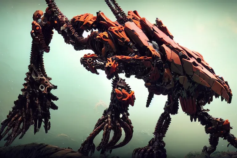 Prompt: wide epic shot. a hyper detailed spikesnout evangelion realistic mechanical and organic creature similar look as horizon forbidden west horizon zero dawn, bioluminiscence in a dark deep forest at dawn in spring, with reflection and textures, by kilian eng, substance painter reaslitic mech surface metal painted scratches, world env from horizon forbidden west horizon zero dawn