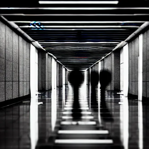 Image similar to Black military quadcopters, in the wide hallways in a futuristic prison underground, brutalist liminal architecture, sigma 85mm f/1.4, 4k, depth of field, high resolution, 4k, 8k, hd, full color