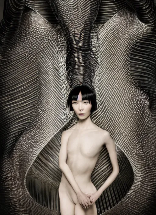 Prompt: a portrait of tessa kuragi by serge lutens, wearing iris van herpen outfit, photorealistic, intricate details, hyper realistic, photorealistic, canon r 3, photography, symmetrical features, symmetrical pose, wide angle shot, head to toe, standing pose, feet on the ground,