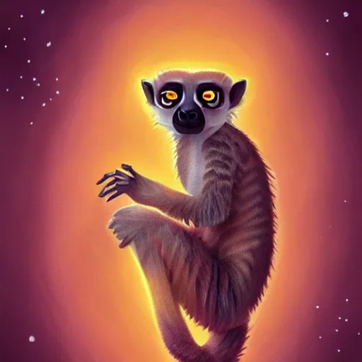 Image similar to geometric symmetrical synthetic lemur, moon in the background, intricate, elegant, highly detailed, digital painting, artstation, concept art, smooth, sharp focus, illustration, art by artgerm