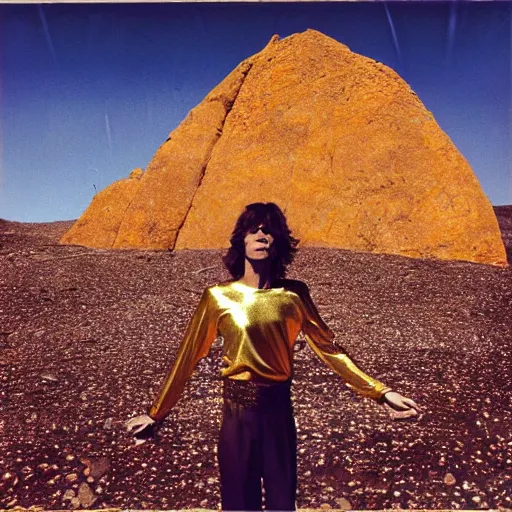 Image similar to mick jagger dressed in golden costume with jewels in a dry rocky desert landscape, visible sky and sunny atmosphere, fata morgana by alejandro jodorowsky, anamorphic lens, kodakchrome, 8 k -