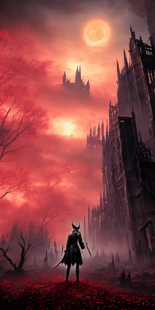 Image similar to populated bloodborne old valley with a obscure person at the centre and a ruined gothic city in the background, trees and stars in the background, falling red petals, epic red - orange moonlight, perfect lightning, wallpaper illustration by niko delort and kentaro miura, 4 k, ultra realistic