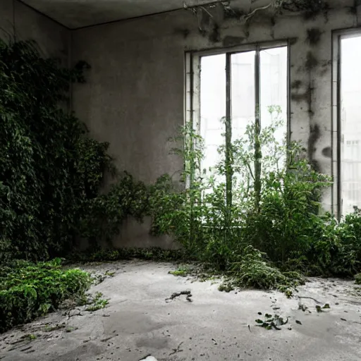 Prompt: an abandoned room in a concrete building, few overgrown plants, dreamy, overcast, by hans bellmer