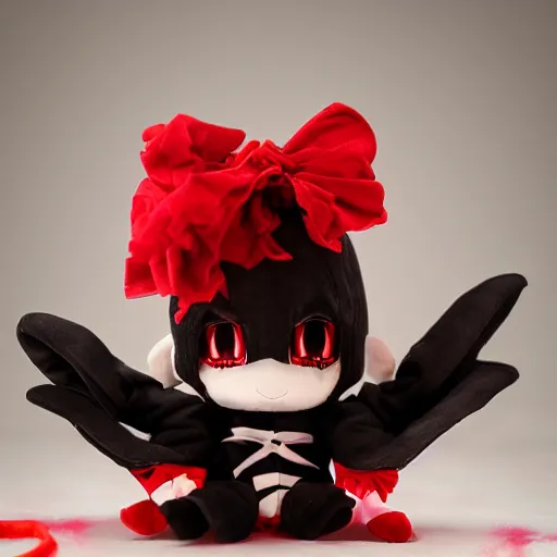 Image similar to cute fumo plush of a void imp who crawled out a hole in reality, anime girl, black and red, green ribbon and heart, ruffled and tattered dress, symmetry, gothic, melting crayons, glow, vray, vantablack