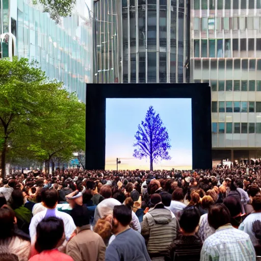 Image similar to a large crowd of people looking up at a large screen with tree displayed