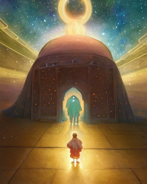 Image similar to bedouin child praying in galaxy walking towards mosque surrounded by nebula, highly detailed, gold filigree, romantic storybook fantasy, soft cinematic lighting, award, disney concept art watercolor illustration by mandy jurgens and alphonse mucha and alena aenami, pastel color palette, featured on artstation