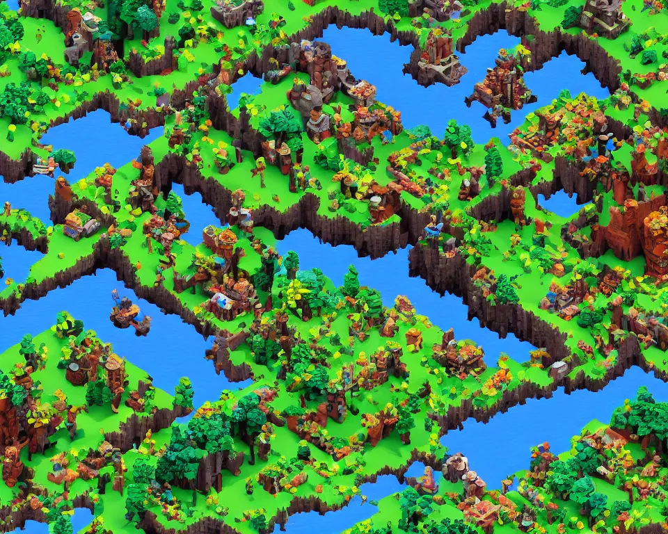 Image similar to the beastlands, isometric, made with voxels, avatar ( 2 0 0 9 ), lush landscape, jungle landscape