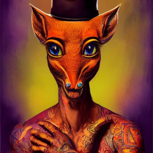 Image similar to a dik dik monster with tattoos wearing a fedora, colorful, digital art, fantasy, magic, trending on artstation, ultra detailed, professional illustration by basil gogos