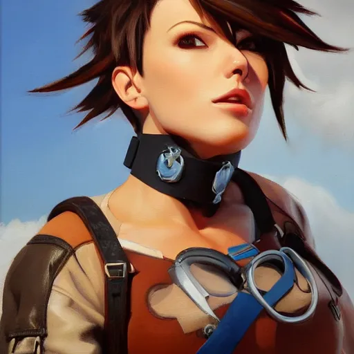 prompthunt: oil painting of tracer overwatch in a field wearing large  leather belt choker around neck, in style of mark arian, expressive face,  detailed face, detailed eyes, full body, feminine face, tracer