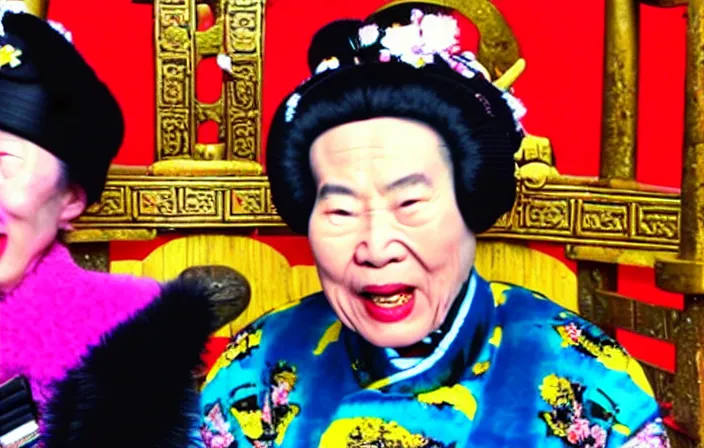 Prompt: Nardwuar interviews the Empress Dowager Cixi in the throne room, video, HD