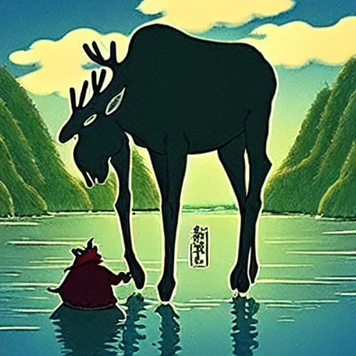 Prompt: Loving Moose God by Studio Ghibli, award-winning art, Spirited Away