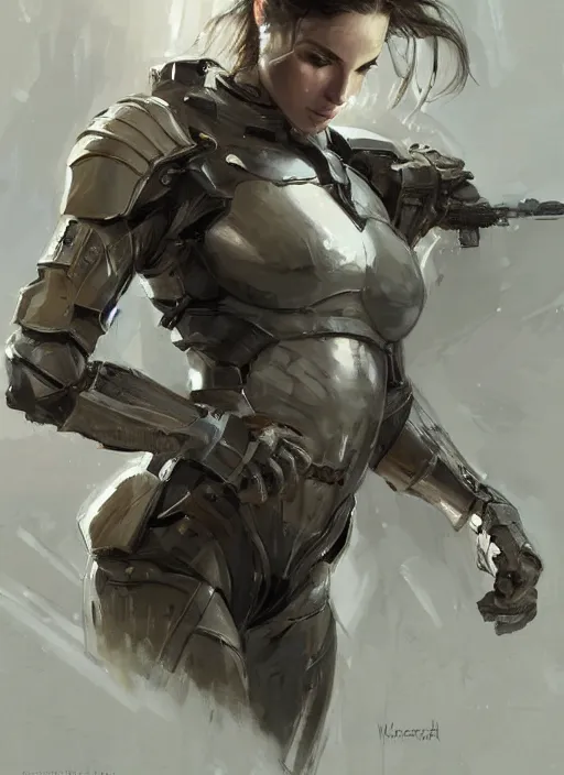 Image similar to a professional painting of a beautiful young female, clothed in military armor, olive skin, long dark hair, beautiful bone structure, symmetrical facial features, intricate, elegant, digital painting, concept art, smooth, sharp focus, illustration, from Metal Gear, by Ruan Jia and Mandy Jurgens and Artgerm and William-Adolphe Bouguerea