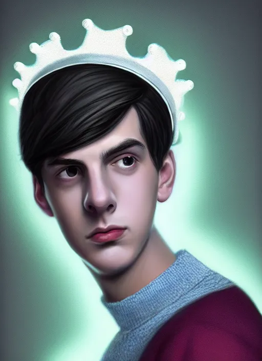 Image similar to portrait of teenage jughead jones wearing a light grey crown, crown, blue turtleneck, 1 9 5 0 s, closed eyes, photorealistic, black hair, glowing lighting, intricate, elegant, glowing lights, highly detailed, digital painting, artstation, concept art, smooth, sharp focus, illustration, art by wlop, mars ravelo and greg rutkowski