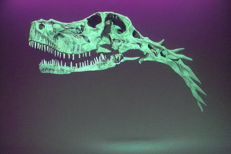 Prompt: screaming t - rex skull made of neon light volumetric lighting, by caspar david friedrich and wayne barlowe and ted nasmith