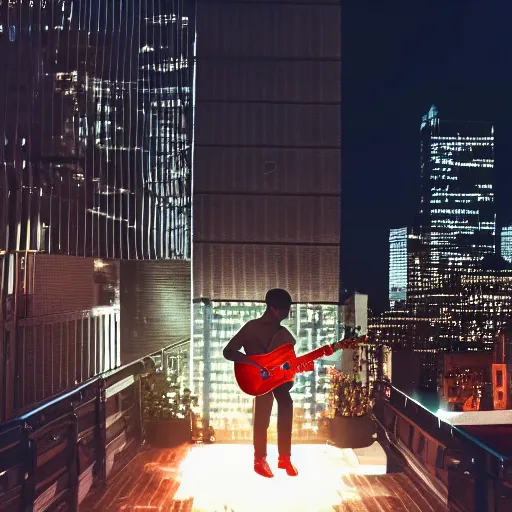 Prompt: a silhouette of a man playing guitar on the roof of a outdoor patio, in new york city, midnight, cinematic shot, cinematic lighting, 8k, nvidia raytracing demo, glow