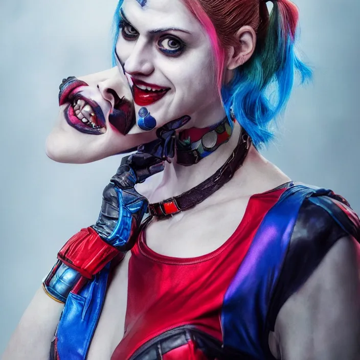 Image similar to portrait of alexandra daddario as a harley quinn in suicide squad. intricate abstract. intricate artwork. by tooth wu, wlop, beeple, dan mumford. octane render, trending on artstation, greg rutkowski very coherent symmetrical artwork. cinematic, hyper realism, high detail, octane render, 8 k, iridescent accents