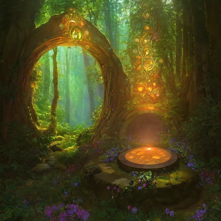 Prompt: Fantasy Magical fairy-tale glowing stone portal in the forest. Round stone portal teleport in trees to other worlds. Fantastic landscape. Magic Altar in the fores, highly detailed, digital painting, artstation, concept art, smooth, sharp focus, illustration, art by alphonse mucha