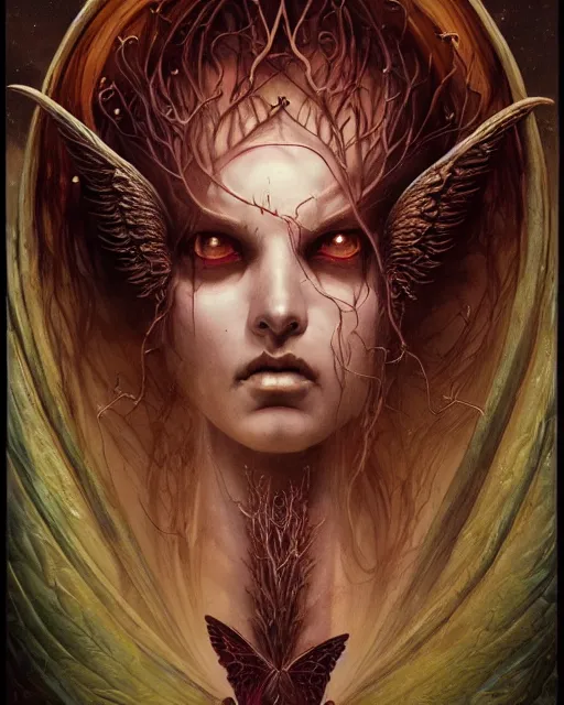 Image similar to perfectly centered portrait front view of a angry dead rotten beautiful female angel growing ornamentation all around, ornate, detailed, symmetrical, elegant, beautifully soft lit, by wayne barlowe, peter mohrbacher, kelly mckernan